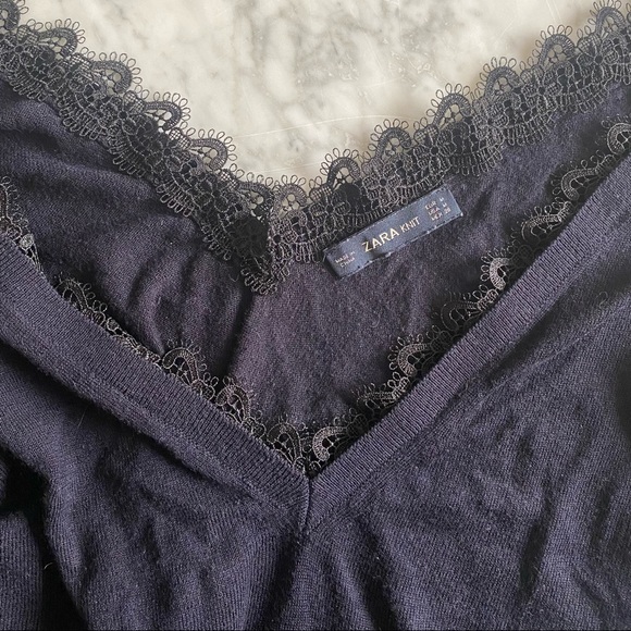 ZARA V Neck and V Back Lace Trim Navy Top - Picture 2 of 3